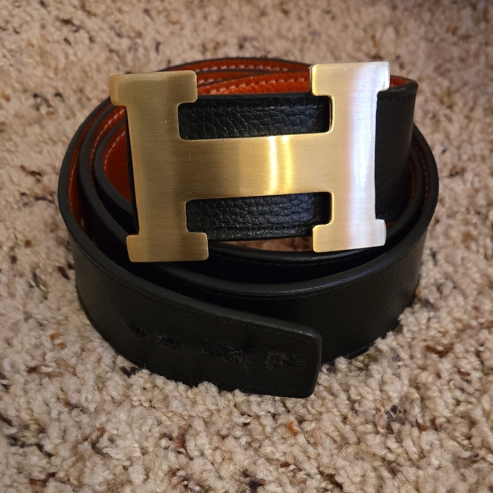 Black Leather Belt with Gold Buckle